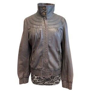 Anthropologie‎ Leather Jacket Idra Women's Gray Pink Zip Bomber Boho Retro Y2K L